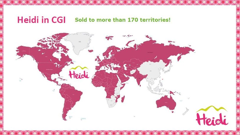 Weltkarte mit den 177 Ländern, in die Heidi-Trickfilme verkauft wurden. 
