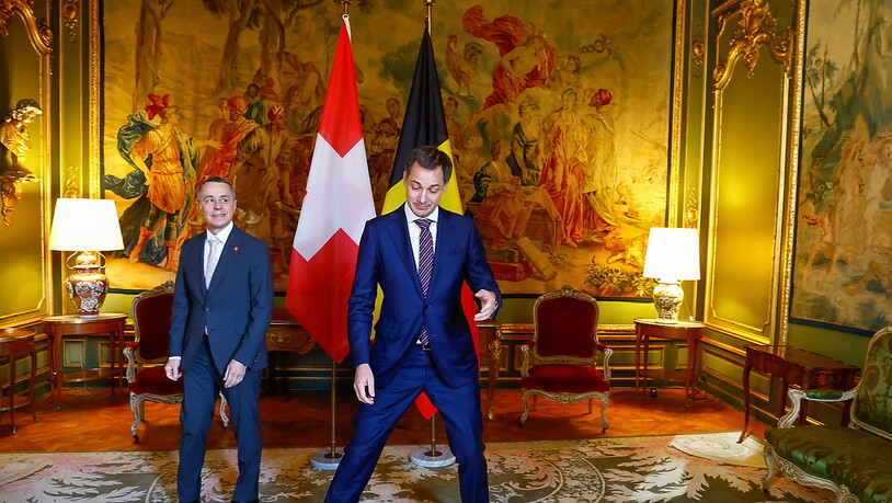 Schnappschuss aus dem Egmont Palast in Brüssel anlässlich des Treffens von Bundespräsident Ignazio Cassis (links) mit Belgiens Regierungschef Alexander De Croo (vorne mitte).