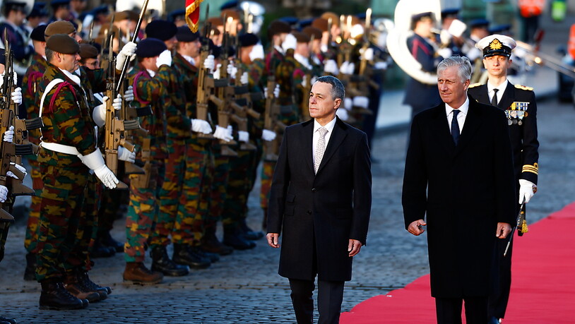 Bundespräsident Ignazio Cassis (links) und Belgiens König Philippe beim Abschreiten der Ehrengarde in Brüssel.