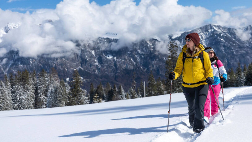  Aussicht geniessen: Gemütlich unterwegs mit Schneeschuhen auf dem Gampergalt Trail.