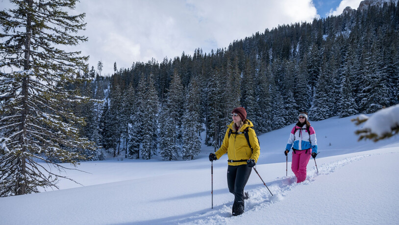 Aussicht geniessen: Gemütlich unterwegs mit Schneeschuhen auf dem Gampergalt Trail.