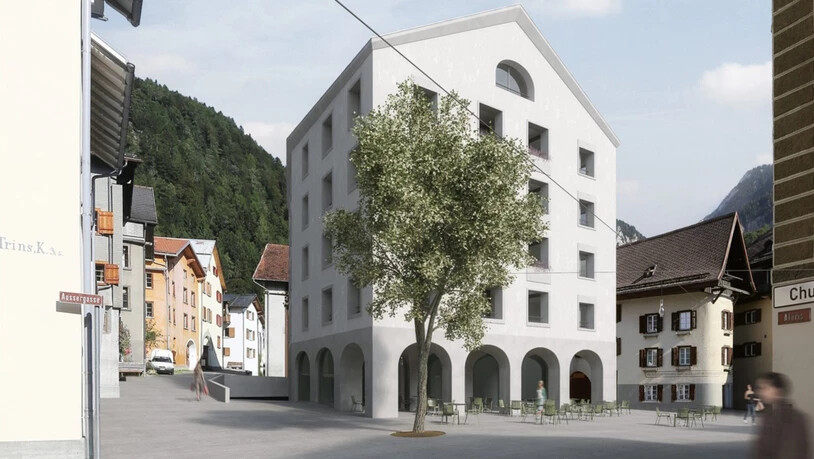 Visualisierung zur Umgestaltung des Dorfplatzes von Tamins. Im neuen Gebäude sollen Alterswohnungen, ein Café und Tiefgaragen entstehen.