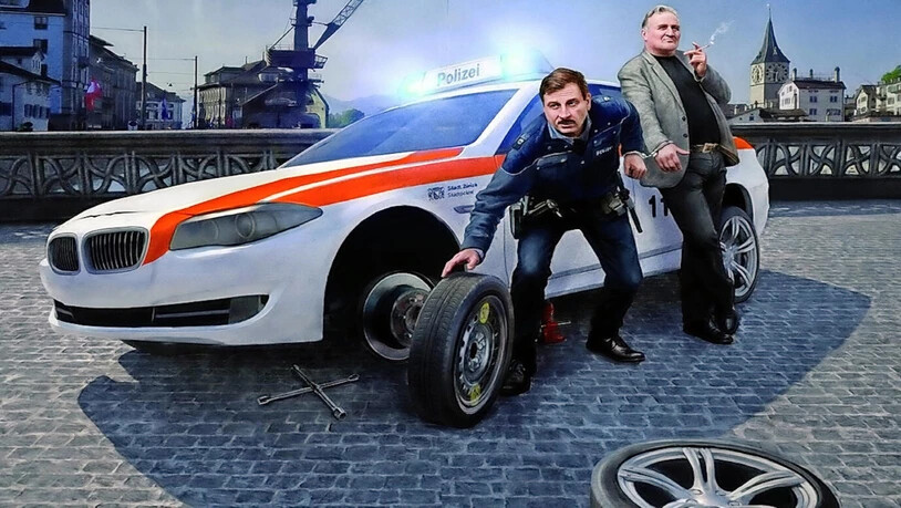 Auftritt in der Kanti: Beat Schlatter (links) und Andrea Zogg als Freund und Helfer.Pressebild