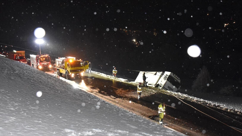 Der verunglückte Lastwagen musste durch drei andere Lastwagen geborgen werden.