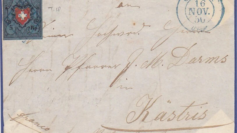 Ein Brief von Chur nach Castrisch mit der blauen Rayonmarke im Jahre 1850.