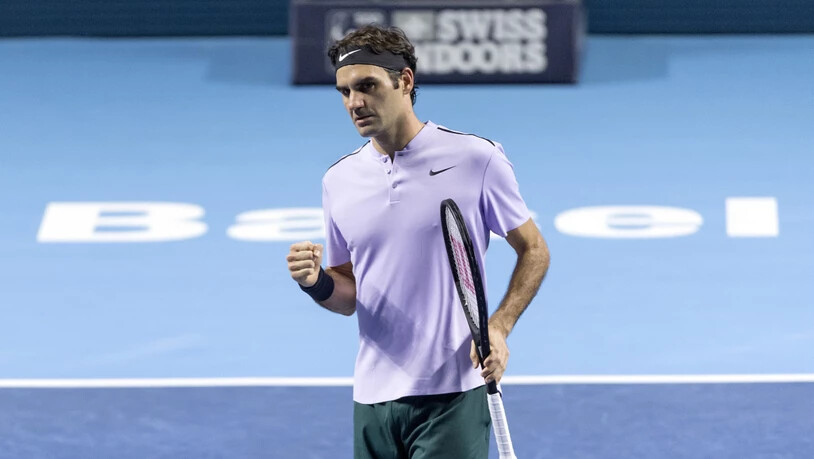 Roger Federer freut sich über einen Punktgewinn im letztjährigen Final in Basel gegen Juan Martin Del Potro