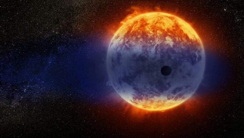 Die künstlerische Darstellung zeigt eine Wasserstoffwolke, die vom Exoplaneten GJ3470b strömt.