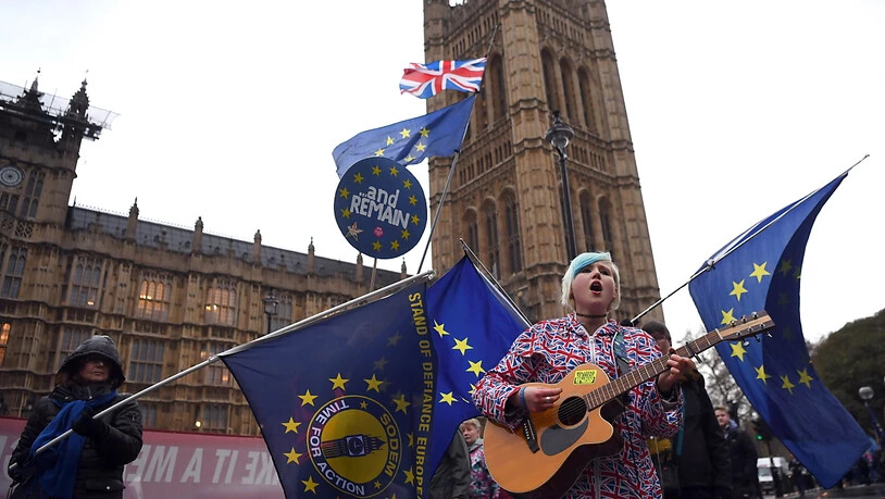 Brexit-Gegner demonstrieren am Mittwoch vor dem britischen Unterhaus in London für den Verbleib Grossbritanniens in der EU. Unterdessen debattieren die Abgeordneten über einen Misstrauensantrag gegen Premierministerin Theresa May.