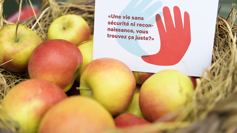Postkarten und Äpfel für die Passanten zur Lancierung des Bäuerinnen-Appells am Mittwoch in Bern.
