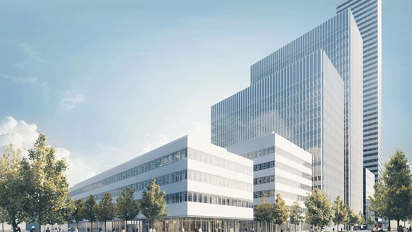 In unmittelbarer Nachbarschaft zum im Bau befindlichen Büroturm (im Hintergrund) baut Roche ein neues Forschungszentrum mit vier unterschiedlich hohen Neubauten.