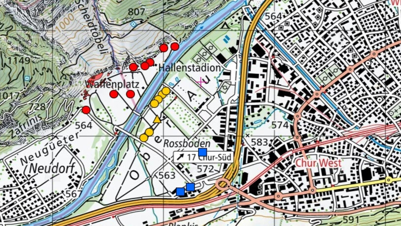 Die Markierungen beim Rossboden am Fusse des Calandas in Chur.