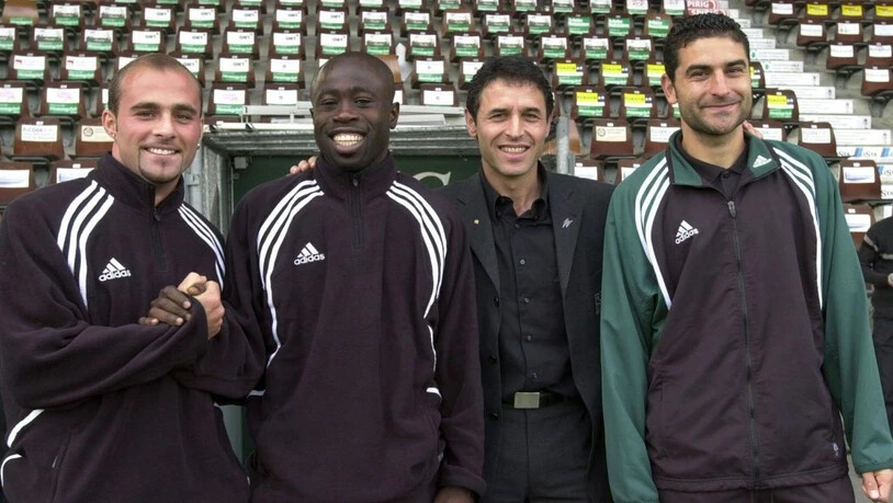 Vier Stützpfeiler der St. Galler Meistermannschaft (von links): Giorgio Contini, Charles Amoah, Trainer Marcel Koller und Ionel Gane
