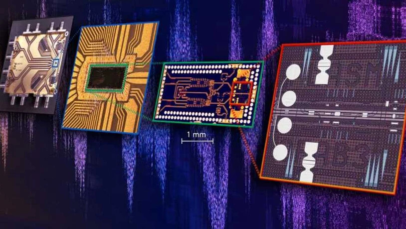 Der neue, hochkompakte Chip, der an der ETH Zürich entwickelt wurde, fügt erstmals schnellste elektronische und lichtbasierte Bauelemente in einer Komponente zusammen. (Bild: ETH Zürich / Nature Electronics)