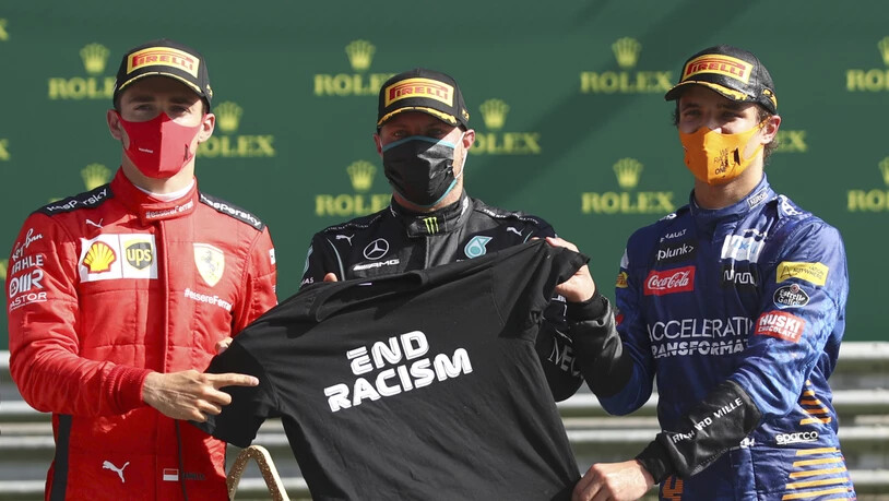 Das Podest (von links): Charles Leclerc (Ferrari), Sieger Valtteri Bottas (Mercedes) und Lando Norris (McLaren)