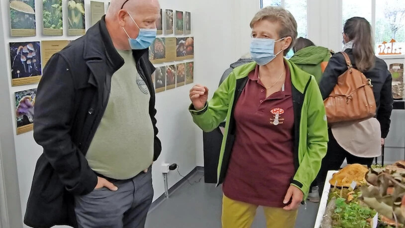 Grosses Interesse: Pilzkontrolleurin Ruth Bossart gibt einem Besucher bereitwillig Auskunft, während viele die Gelegenheit nutzen, an der Ausstellung im Naturzentrum Glarnerland die Vielfalt der Pilze in der Region kennenzulernen. Bilder Hans Speck