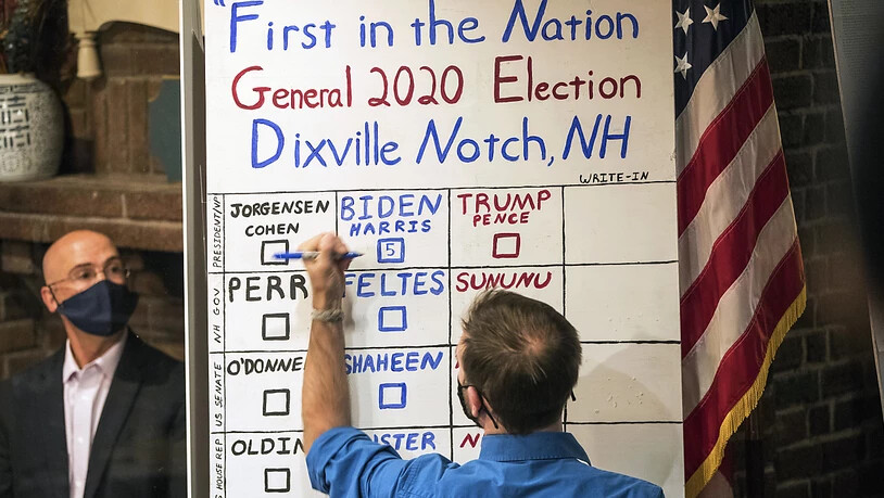 dpatopbilder - US-Präsidentenwahl sind gefallen: Der Demokrat Joe Biden hat die Abstimmung in dem kleinen Örtchen Dixville Notch in New Hampshire mit 5 zu 0 Stimmen  gegen Donald Trump gewonnen. (zu dpa: Erste Ergebnisse bei US-Wahl: Biden gewinnt im…