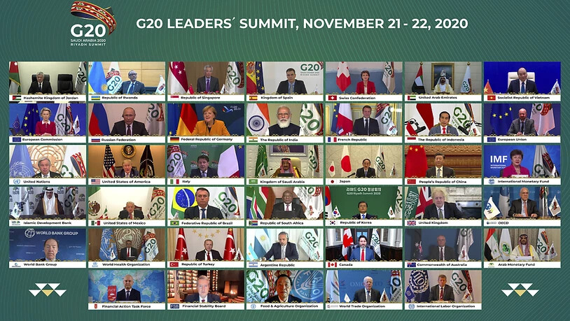 dpatopbilder - HANDOUT - Staats- und Regierungschef der führenden Wirtschaftsnationen nehmen an einer Video-Schalte zum virtuellen G20-Gipfel teil. Eigentlich sollte der Gipfel erstmals in der saudischen Hauptstadt Riad stattfinden. Wegen der Corona…