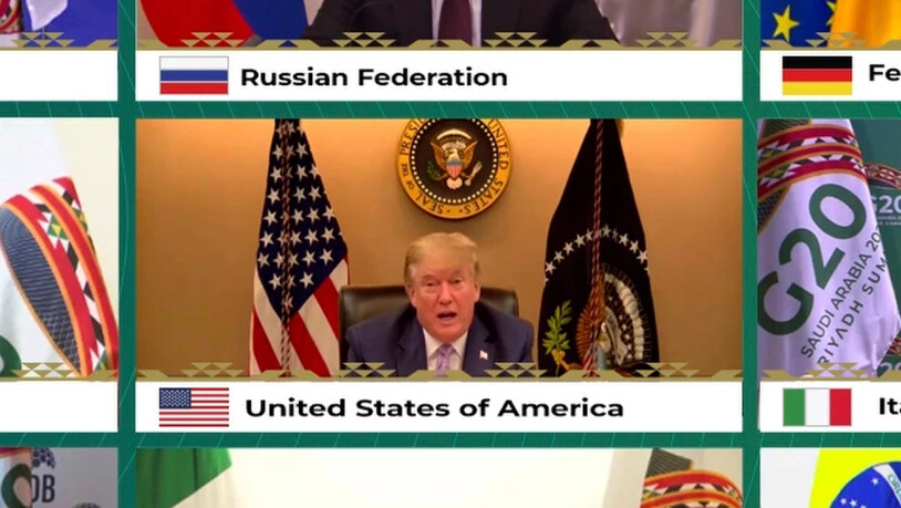 HANDOUT - US-Präsident Donald Trump und weitere Staats- und Regierungschefs der führenden Wirtschaftsnationen nehmen an einer Video-Schalte zum virtuellen G20-Gipfel teil. Foto: -/G20 Riyadh Summit/AP/dpa - ACHTUNG: Nur zur redaktionellen Verwendung und…