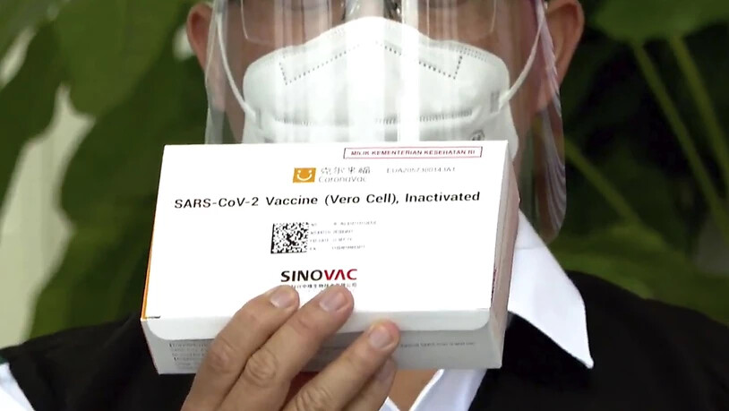 HANDOUT - Ein medizinischer Mitarbeiter des Gesundheitsministeriums zeigt eine Schachtel eines in China hergestellten Corona-Impfstoffs, bevor Indonesiens Präsident Widodo im Merdeka-Palast  seine erste Impfdosis erhält. In Indonesien beginnt die…