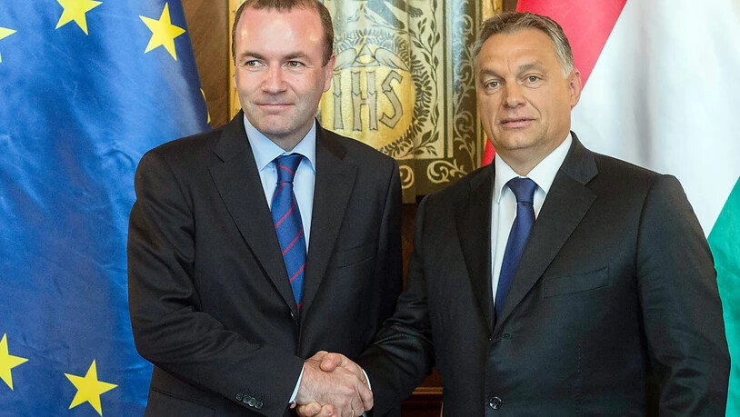 ARCHIV - Viktor Orban (r), Ministerpräsident von Ungarn, gibt Manfred Weber, Vorsitzender der Fraktion der Europäischen Volkspartei (EVP), bei ihrem Treffen im Parlamentsgebäude die Hand. (zu dpa "Finale im Streit zwischen Manfred Weber und Viktor Orban"…