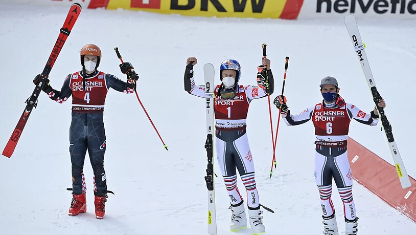 Die ersten drei des letzten Weltcup-Riesenslaloms des Winters (v.l.): Filip Zubcic, Alexis Pinturautl, Matthieu Faivre