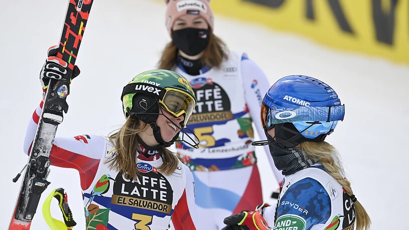 Die ersten drei des letzten Weltcup-Slaloms des Winters (v.l.): Katharina Liensberger, Michelle Gisin, Mikaela Shiffrin