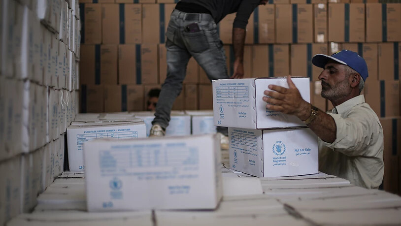 ARCHIV - Zwei Syrer räumen humanitäre Hilfsgüter des Welternährungsprogramms ein. Foto: Anas Alkharboutli/dpa