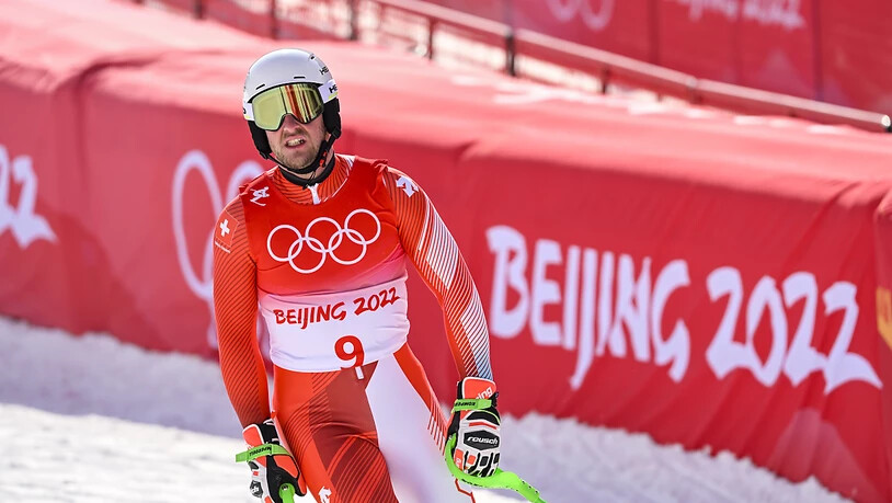 Justin Murisier sieht nach dem Slalom im Ziel die '4' aufleuchten, und dass er die angestrebte Medaille knapp verpasst hat