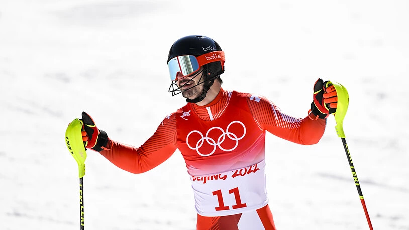 Loïc Meillards Reaktion nach seiner zweiten Fahrt, als er deutlich hinter den nachmaligen Olympiasieger Clément Noël zurückfiel
