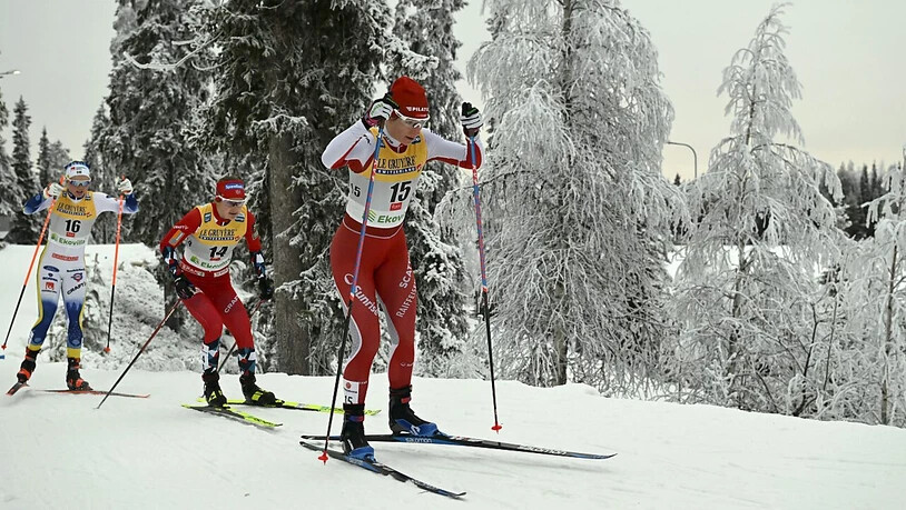 Nadine Fähndrich (vorne) führt eine Verfolgergruppe durch Finnlands Wälder am Polarkreis.