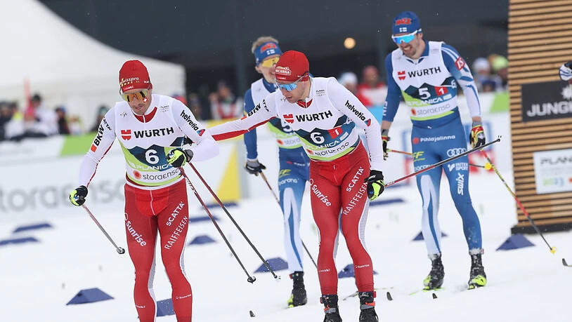 Als Teil einer Verfolgergruppe um Rang 3: Startläufer Beda Klee (rechts) und Jonas Baumann (links) mischten vorne mit