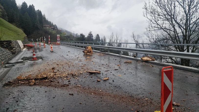 Strasse wird blockiert: Ein Baumstrunk löst sich am Montagabend im Gebiet Rütland in Maladers und stürzt auf die Strasse. 