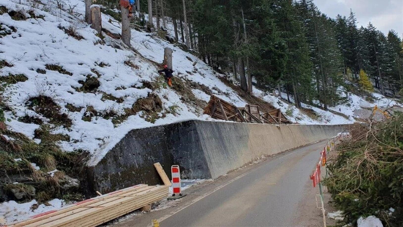 Auf Hochtouren: Arbeiter bereiten die Montage der Steinschlagschutznetze vor.