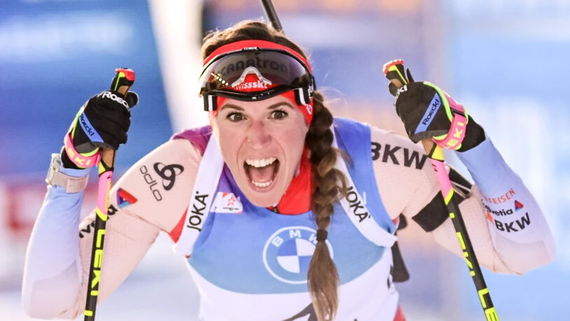 Erschöpft und happy: Lena Häcki-Gross nach Platz 2 in der Verfolgung von Hochfilzen