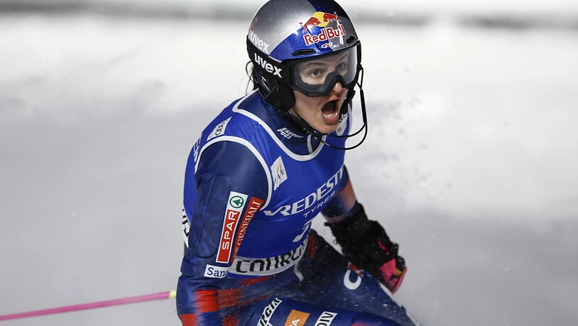 Zrinka Ljutic schreit die Freude über ihren dritten Slalomsieg in dieser Saison raus