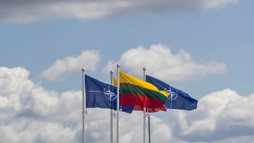 ARCHIV - Flaggen der Nato-Mitgliedsländer wehen im Wind vor dem Veranstaltungsort des Nato-Gipfels. Foto: Mindaugas Kulbis/AP/dpa