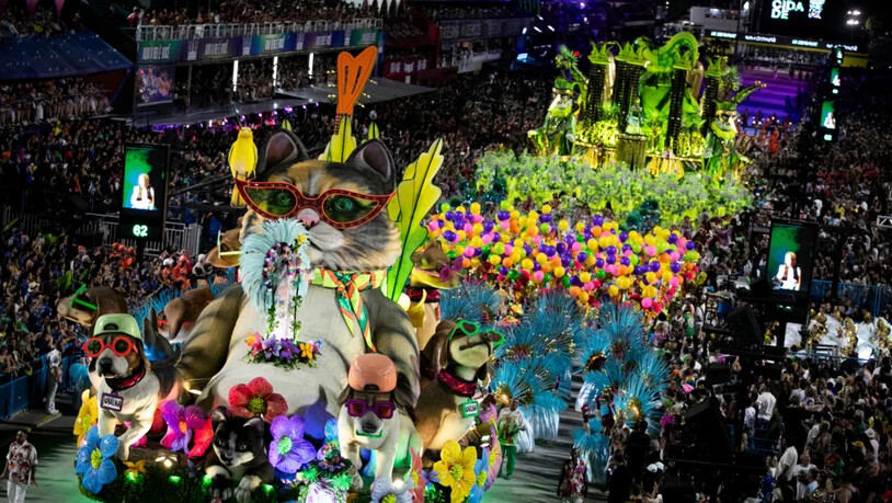 dpatopbilder - Darsteller der Sambaschule «Mocidade» paradieren auf einem Wagen während der Karnevalsfeierlichkeiten im Sambadrom. Foto: Bruna Prado/AP/dpa