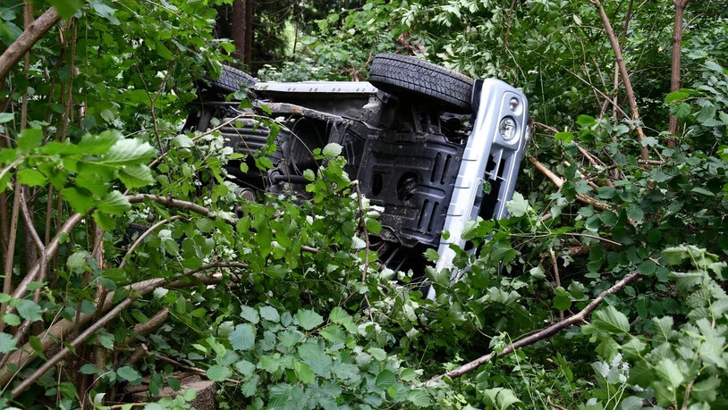 Im Gestrüpp am Waldrand kam das Fahrzeug sschliesslich auf der Seite liegend zum Stillstand. 