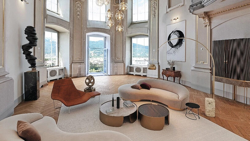 Visualisierungen im Schloss Zizers zeigen, wie die Wohnungen zukünftig aussehen können. Blick auf das erste Obergeschoss. 