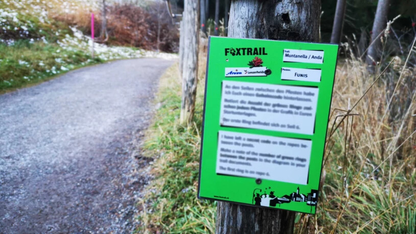 Rätselspass für alle: Die Posten auf dem Weg umfassen verschiedene Aufgaben und Rätsel. Der Trail auf der Lenzerheide wird in Deutsch und Englisch angeboten. Auf dem Bild wurde der Hinweis extra unerkenntlich gemacht, damit der Foxtrail für alle ein Rätselspass bleibt. 