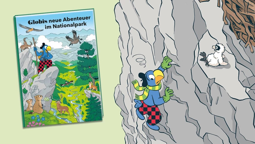Schwindelfrei durch den Nationalpark: In seinem neusten Buch braucht Globi eine Pause von der Grossstadt und macht sich auf in die Berge.