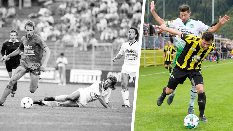 Zwei Highlights der jeweiligen Vereinsgeschichte: Der FC Glarus, mit dem heutigen Präsidenten Koni Gabriel (im Bild rechts), erringt im altehrwürdigen «Joggeli» in Basel am 13. August 1988 einen 2:1-Sieg. Der FC Linth mit Captain Daniel Feldmann machte am 17. September 2017 national von sich reden, als sich die Glarner im Schweizer Cup dem Super-Ligisten St. Gallen erst im Elfmeterschiessen geschlagen geben mussten.