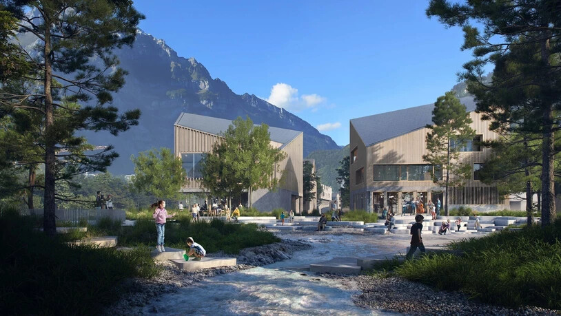 Erholungsraum: Blick auf den öffentlichen Teil des Kartoni-Quartiers. Die Bachaufweitung kommt vor die Gemeindeversammlung.