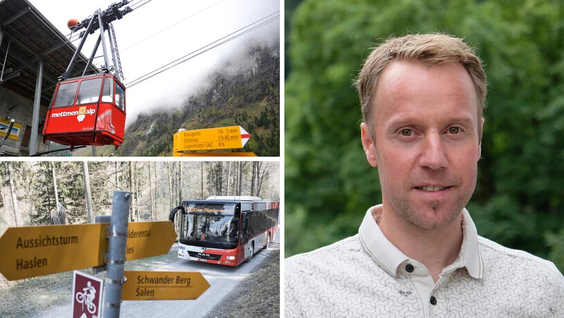 Noch eine Seilbahn oder nur Strasse: Die Gemeinde mit Andreas Elmer und die Leitung der Seilbahn Kies-Mettmen (im Bild) überlegen, ob künftig deren Talstation mit einer Seilbahn ab Schwanden oder weiterhin nur auf der Strasse erreichbar sein soll. Der Weg über den Schwanderberg, den der Bus heute nimmt (Bild unten) ist eine der Strecken, die infrage kommen. 