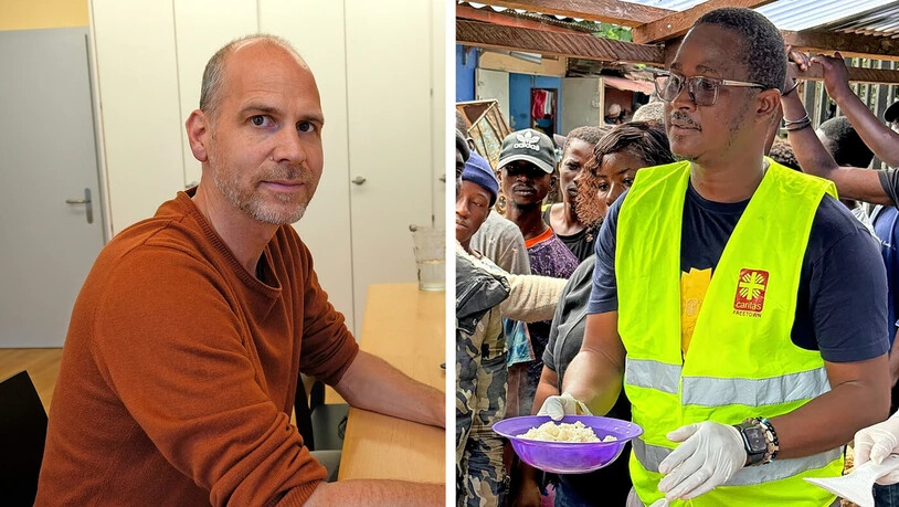 Für die Bevölkerung engagiert: Ishmael Charles verteilt für Caritas Freetown in den Strassen der Hauptstadt von Sierra Leone Essen für Bedürftige. Philipp Langlotz (links) aus Glarus hat über drei Jahre lang in Sierra Leone gearbeitet.