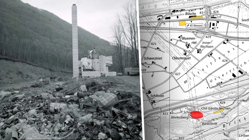 Die Lösung des Problems ist in Sicht: Früher wurde Abfall auf einer Deponie abgeladen. Das Foto links zeigt die frühere Kehrichtdeponie der Gemeinde Niederurnen im Jahr 1973. Im Hintergrund sieht man die neue KVA. Solche belasteten Standorte sind auf einer Karte des Kantons eingezeichnet. 