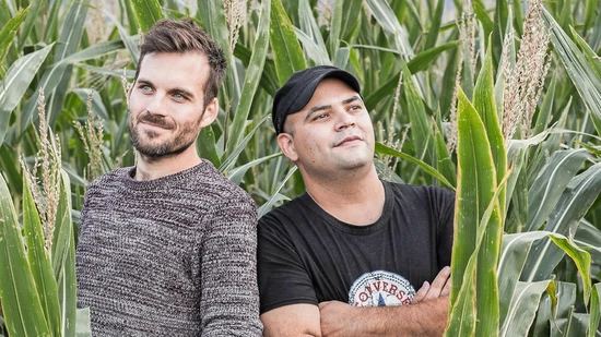 Musiker im Maisfeld: Marco Desimoni (links) und Marco Heussi wollen zwölf Jahre nach der Bandgründung hoch hinaus. 