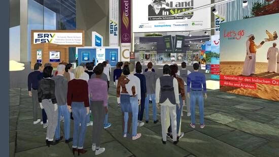 An der virtuellen Schweizer Ferienmesse konnten sich Besucher als Avatare fortbewegen und Stände besuchen.