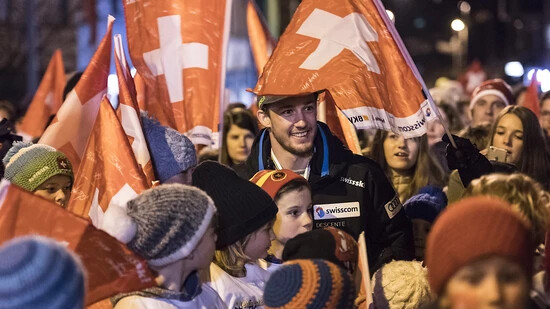 St. Moritz will mit den FIS Games 2028 wie 2017 (Alpine Ski-WM) ein Skifest feiern. Auf dem Bild Luca Aerni als Goldmedaillengewinner der Kombination