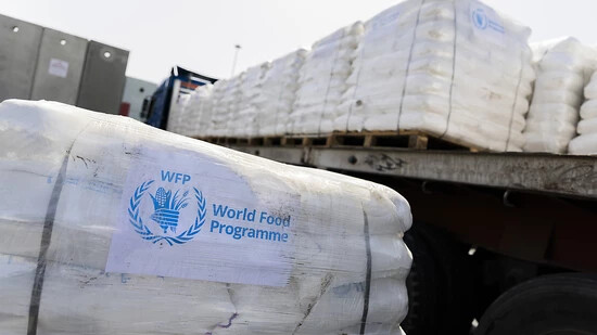 ARCHIV - Humanitäre Hilfsgüter des Welternährungsprogramm der Vereinten Nationen am Grenzübergang Kerem Schalom zum Gazastreifen auf israelischer Seite. Foto: Christoph Soeder/dpa